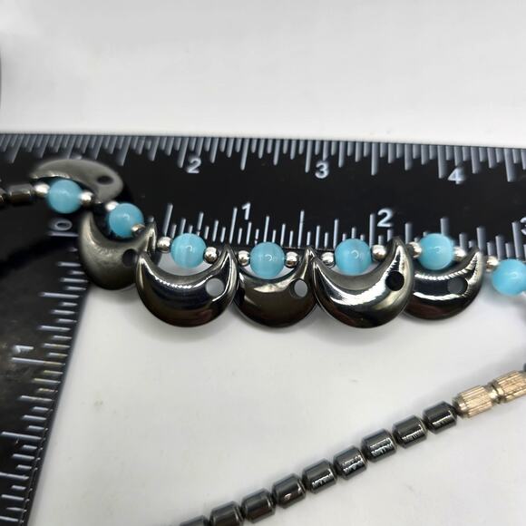 Vintage Hematite Cat Eye Crescent Moon Necklace Beaded Statement Jewelry 18 Inch - Picture 5 of 6